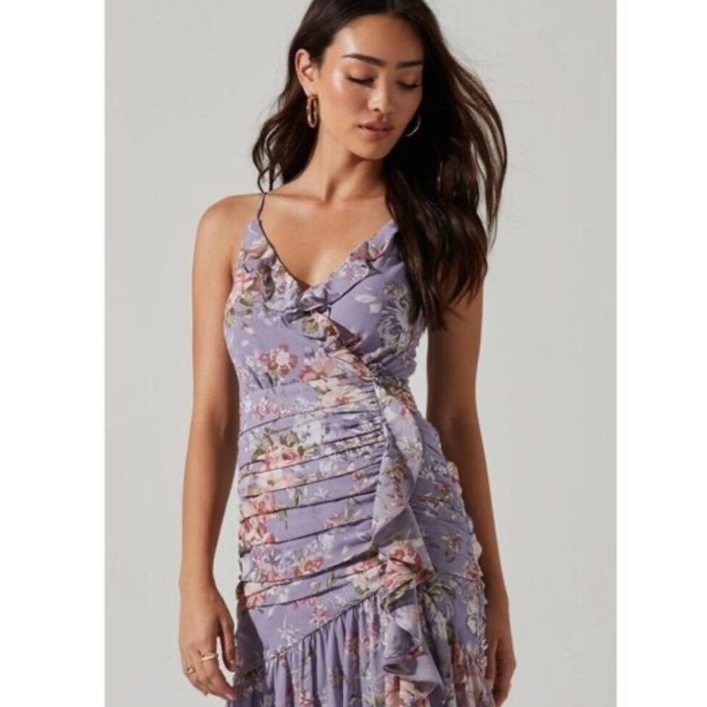 NEW Free People ASTR The Label Kiana Purple Floral Ruched Midi Dress Size Small - Picture 7 of 8